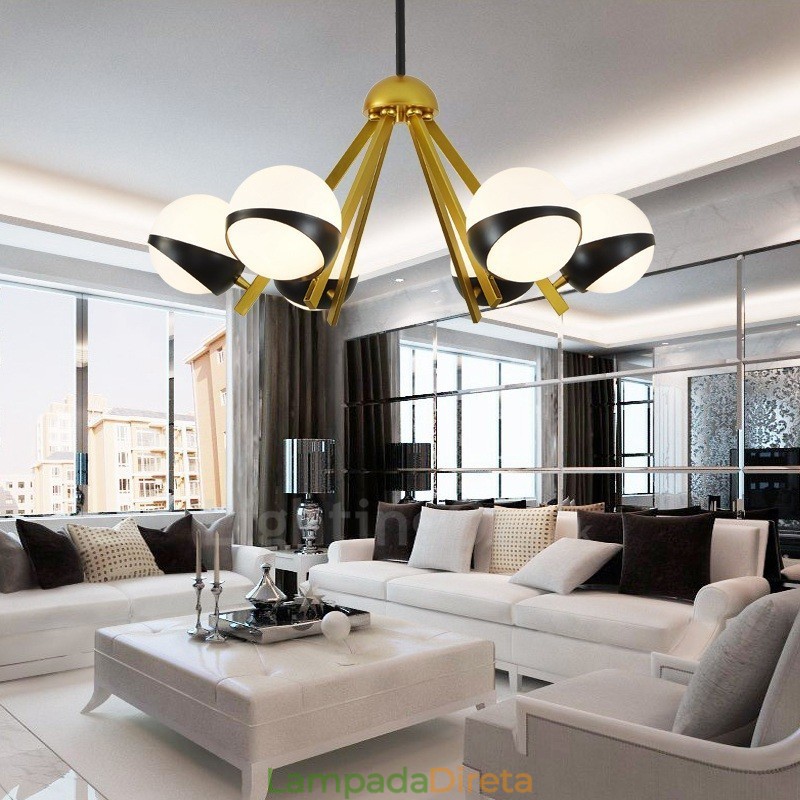 Lustre de teto moderno e contemporâneo de 6 luzes estilo nórdico com cúpula de vidro esférico preto e branco
