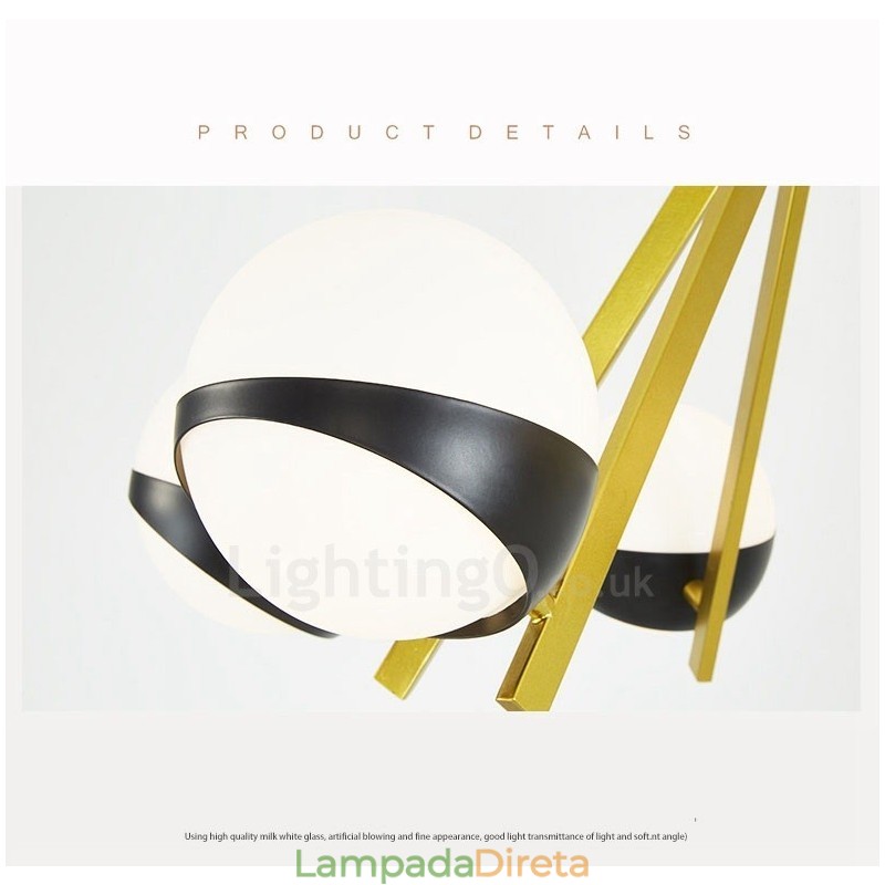 Lustre de teto moderno e contemporâneo de 6 luzes estilo nórdico com cúpula de vidro esférico preto e branco