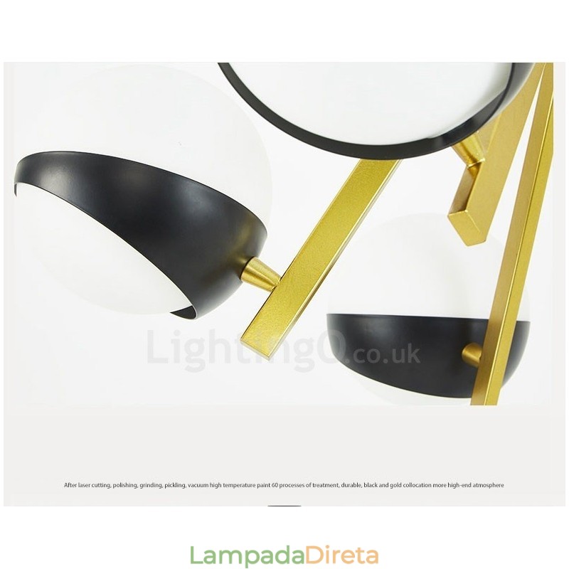 Lustre de teto moderno e contemporâneo de 6 luzes estilo nórdico com cúpula de vidro esférico preto e branco