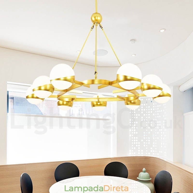 9 Luzes de Teto Modernas Contemporâneas Estilo Nórdico Lustre de Cobre com Sombra de Vidro Bola Dourada e Branca