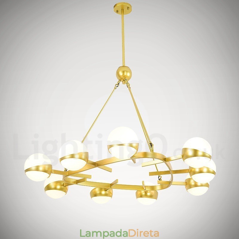 9 Luzes de Teto Modernas Contemporâneas Estilo Nórdico Lustre de Cobre com Sombra de Vidro Bola Dourada e Branca