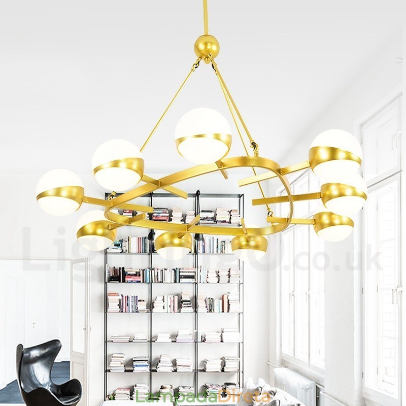 9 Luzes de Teto Modernas Contemporâneas Estilo Nórdico Lustre de Cobre com Sombra de Vidro Bola Dourada e Branca