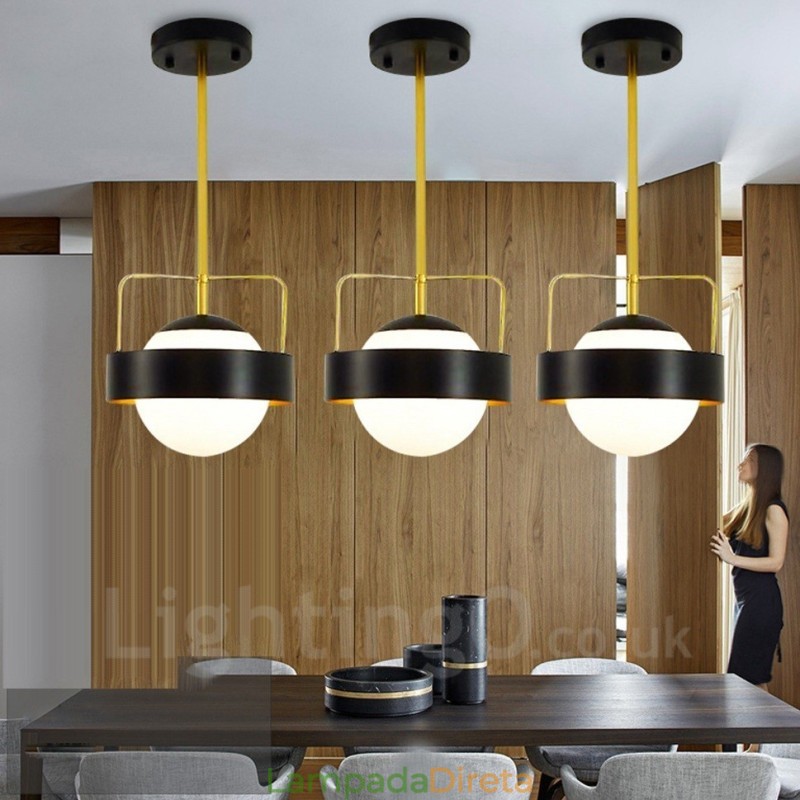 1 Luz Moderna Contemporânea Luzes de Teto Pendente de Cobre com Sombra de Vidro Bola Branca e Preta
