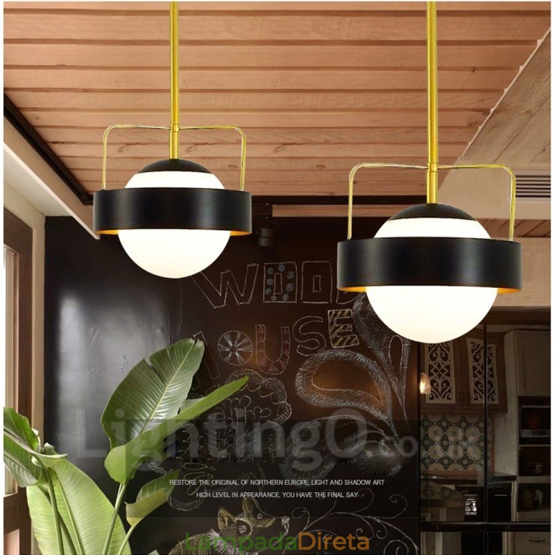 1 Luz Moderna Contemporânea Luzes de Teto Pendente de Cobre com Sombra de Vidro Bola Branca e Preta