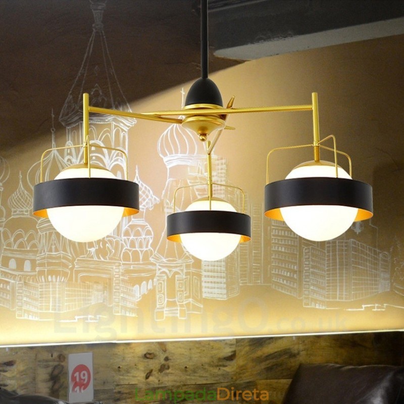 3 Luzes de Teto Contemporâneas Modernas Lustre de Cobre com Sombra de Vidro Bola Branca e Preta