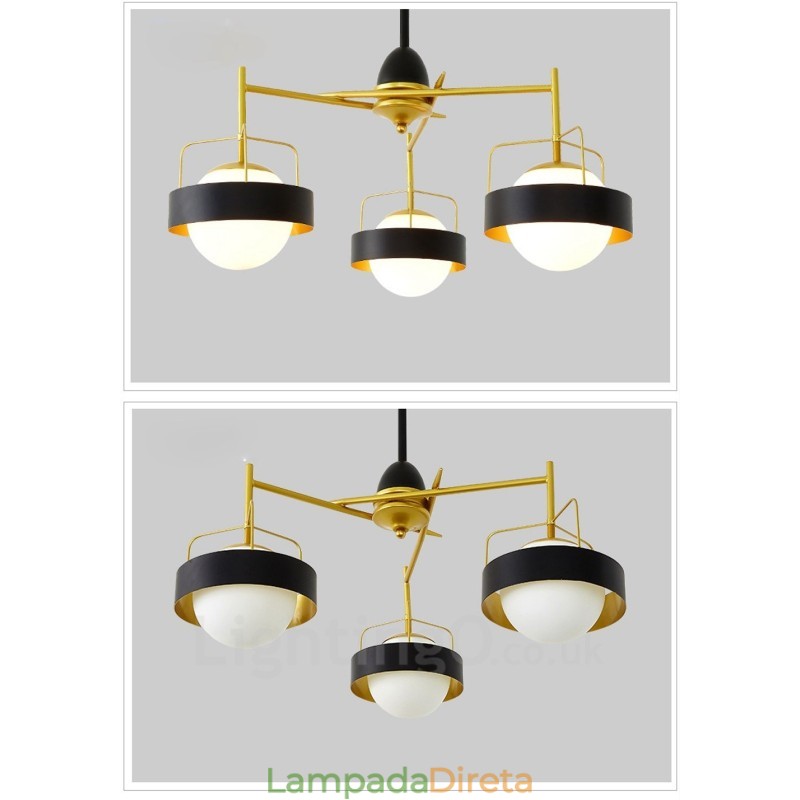 3 Luzes de Teto Contemporâneas Modernas Lustre de Cobre com Sombra de Vidro Bola Branca e Preta