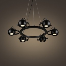 Luminária pendente de ferro preto retrô vintage de 6 luzes com abajures de bola de ferro preto