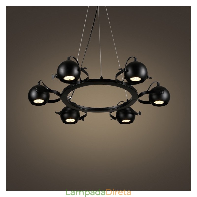 Luminária pendente de ferro preto retrô vintage de 6 luzes com abajures de bola de ferro preto