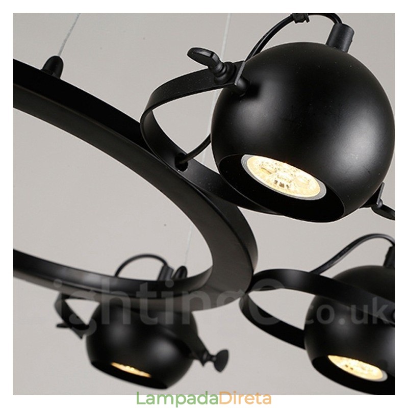 Luminária pendente de ferro preto retrô vintage de 6 luzes com abajures de bola de ferro preto