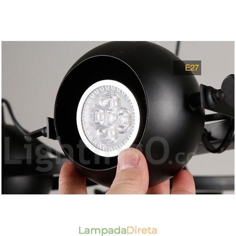 Luminária pendente de ferro preto retrô vintage de 6 luzes com abajures de bola de ferro preto