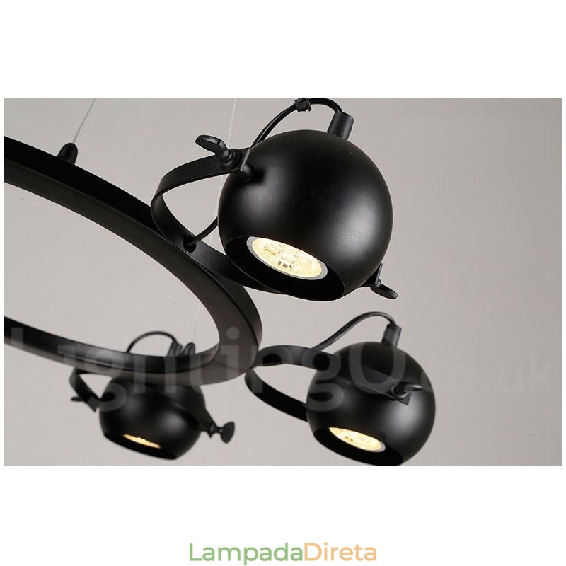 Luminária pendente de ferro preto retrô vintage de 6 luzes com abajures de bola de ferro preto