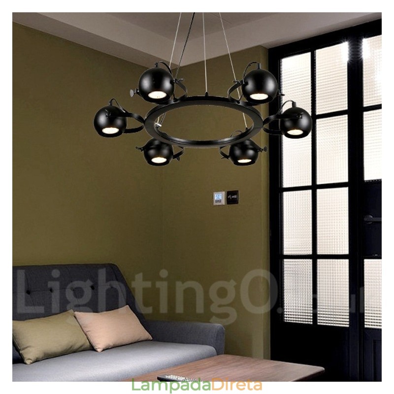 Luminária pendente de ferro preto retrô vintage de 6 luzes com abajures de bola de ferro preto