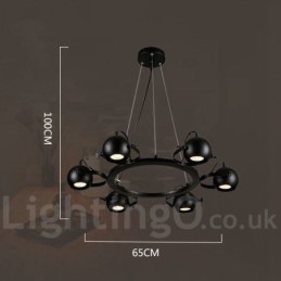 Luminária pendente de ferro preto retrô vintage de 6 luzes com abajures de bola de ferro preto