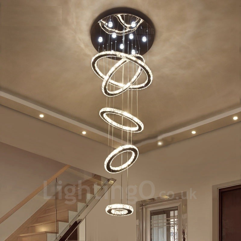Regulável Wi Fi Smart Três Cores de Fonte de Luz 5 Anéis Moderno Cristal Teto Pendente Luz Lustre Interno