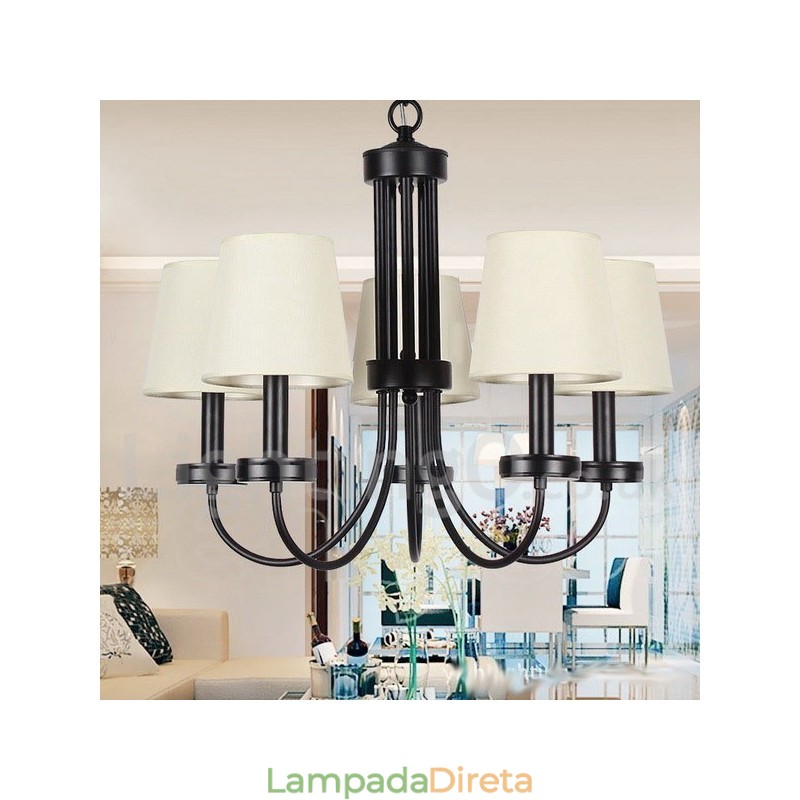 Lustre estilo vela preta contemporânea retrô de 5 luzes