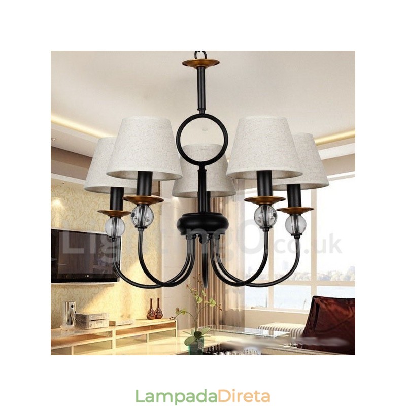 Lustre estilo vela contemporâneo estilo mediterrâneo retrô preto rústico de 5 luzes