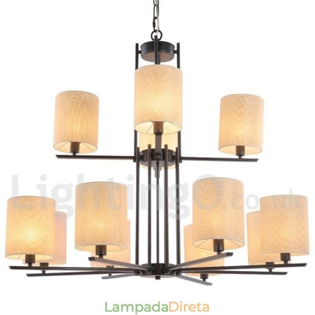 Lustre grande estilo vela 12 luzes rústicas retrô pretas 2 camadas Lustre grande estilo vela 12 luzes rústicas retrô pretas 2 camadas