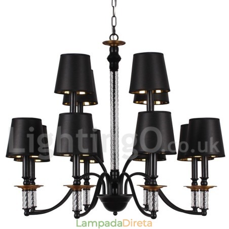 Lustre grande estilo vela 12 luzes rústicas retrô pretas 2 camadas Lustre grande estilo vela 12 luzes rústicas retrô pretas 2 camadas