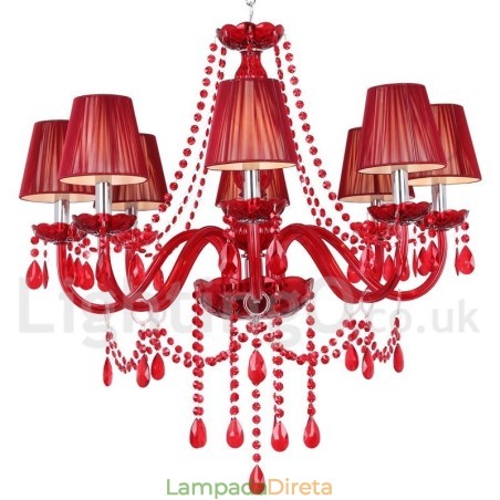 Lustre estilo vela de cristal K9 vermelho de 8 luzes Lustre estilo vela de cristal K9 vermelho de 8 luzes
