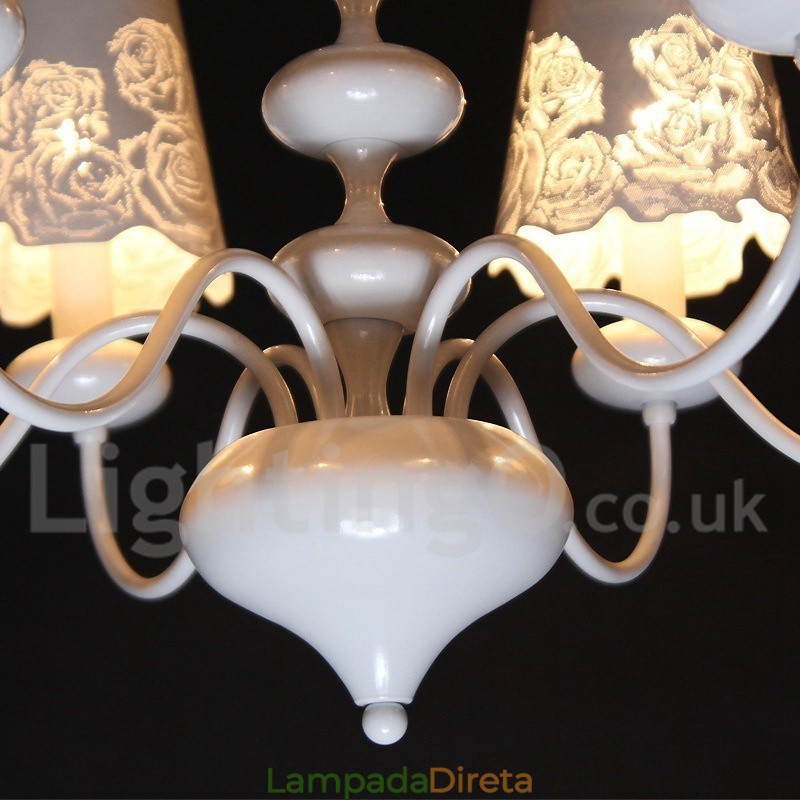 Lustre moderno contemporâneo de 6 luzes estilo vela branca vazada
