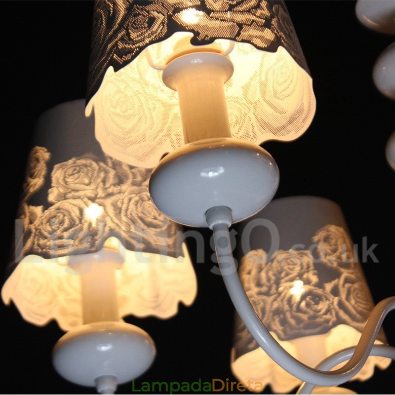 Lustre moderno contemporâneo de 6 luzes estilo vela branca vazada
