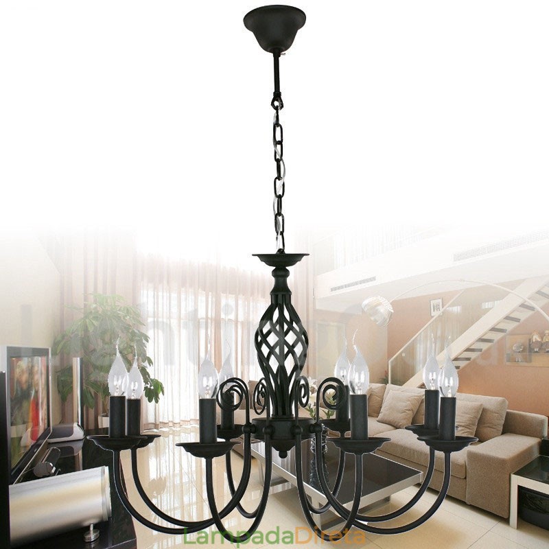 Lustre estilo vela preta retrô contemporânea de 8 luzes