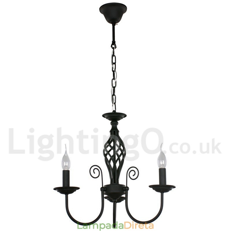 Lustre estilo vela preta retrô contemporânea de 3 luzes