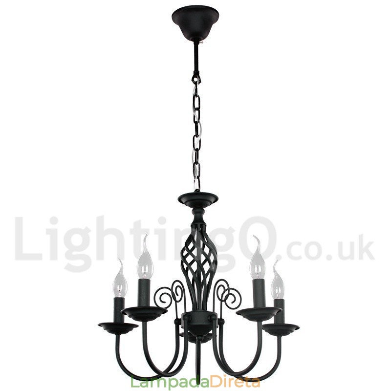 Lustre estilo vela preta retrô contemporânea de 5 luzes