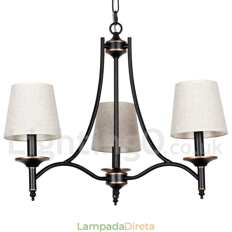 Lustre estilo vela contemporâneo preto retrô rústico de 3 luzes