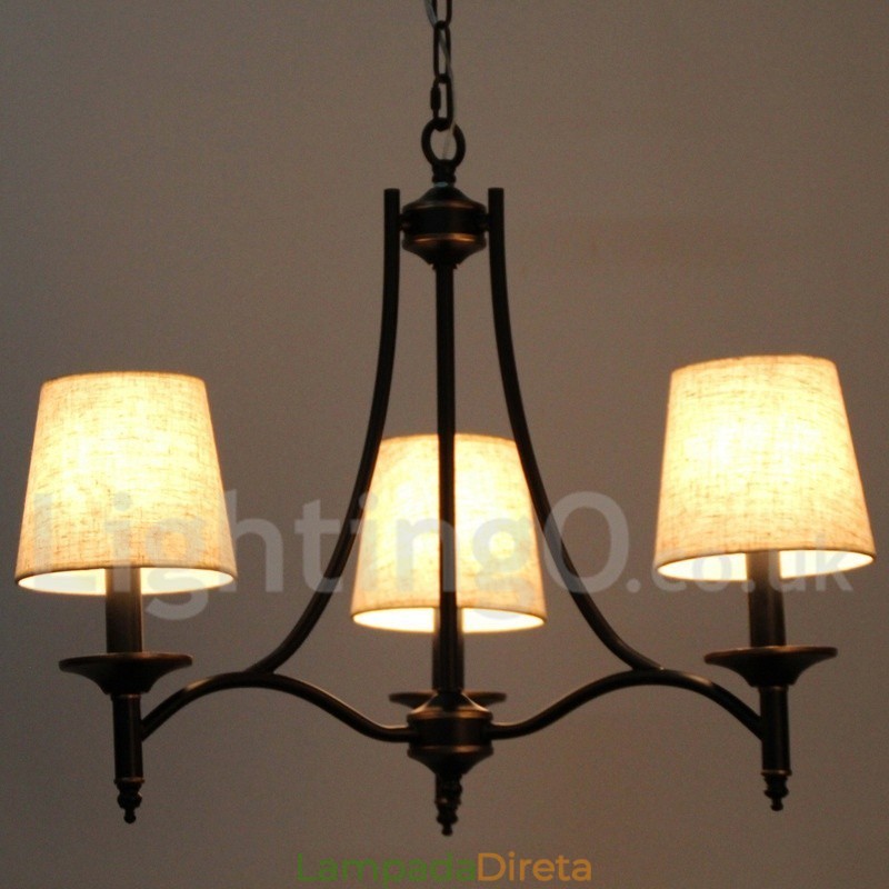 Lustre estilo vela contemporâneo preto retrô rústico de 3 luzes