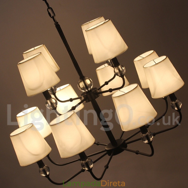 Lustre grande estilo vela contemporânea preta retrô de 12 luzes de 2 camadas