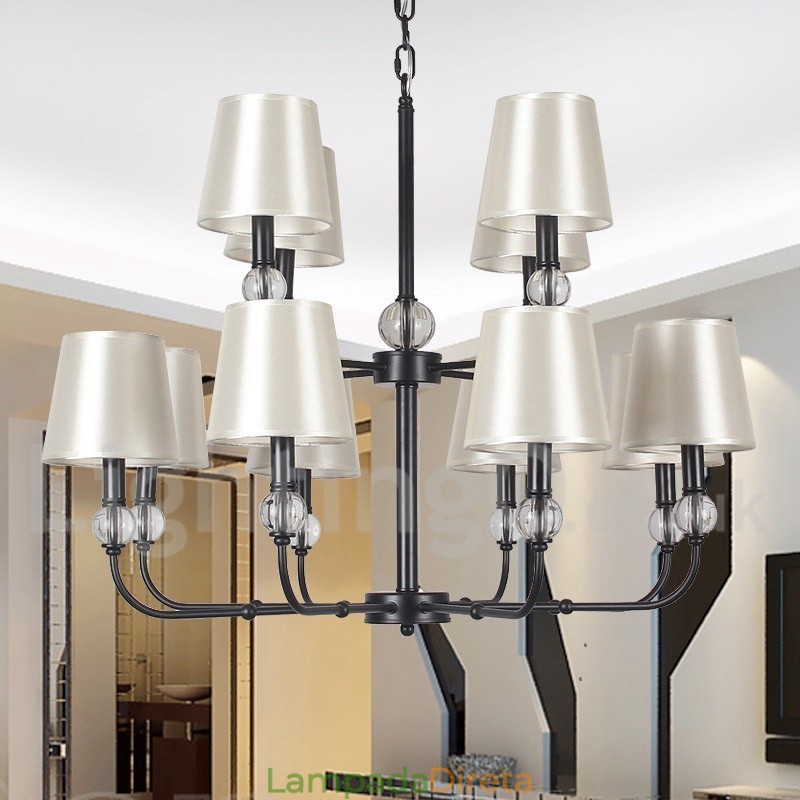 Lustre grande estilo vela 12 luzes rústicas retrô pretas 2 camadas
