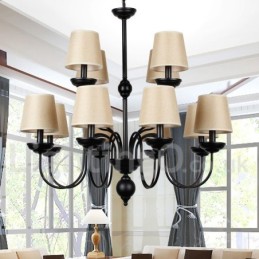 Lustre grande estilo vela 12 luzes rústicas retrô pretas 2 camadas