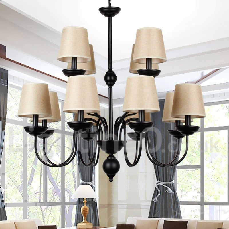 Lustre grande estilo vela 12 luzes rústicas retrô pretas 2 camadas