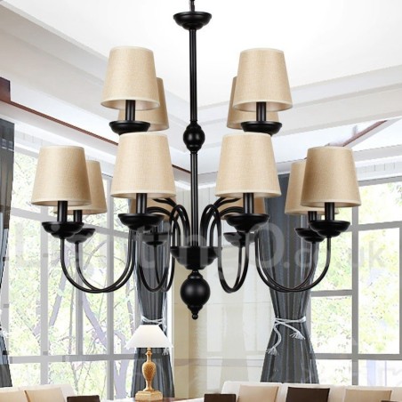 Lustre grande estilo vela 12 luzes rústicas retrô pretas 2 camadas Lustre grande estilo vela 12 luzes rústicas retrô pretas 2 camadas