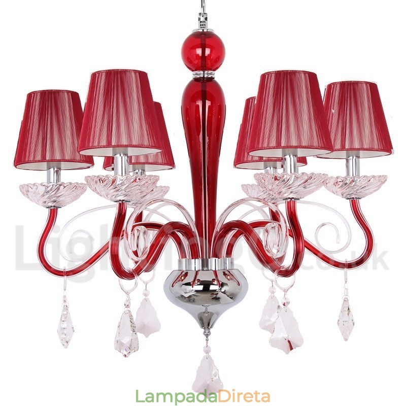 Lustre estilo vela de cristal K9 contemporâneo vermelho de 6 luzes