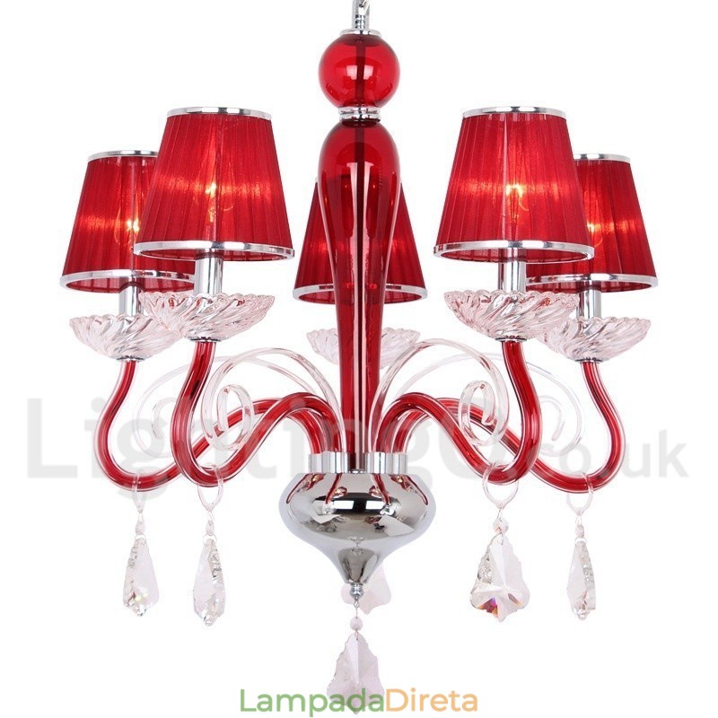 Lustre estilo vela de cristal K9 contemporâneo vermelho de 5 luzes