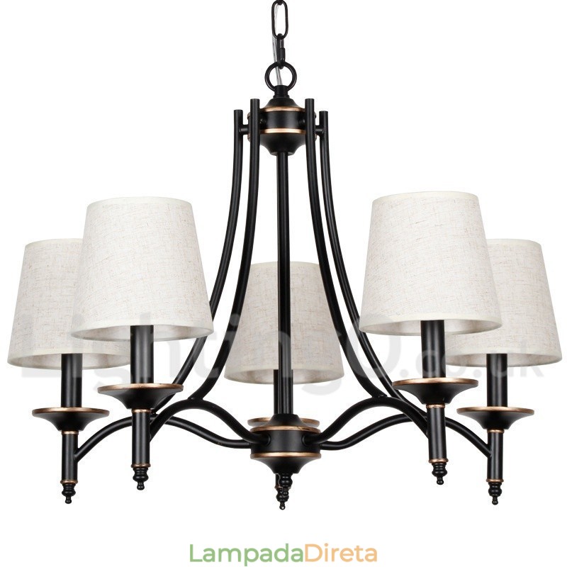 Lustre estilo vela contemporâneo preto retrô rústico de 5 luzes