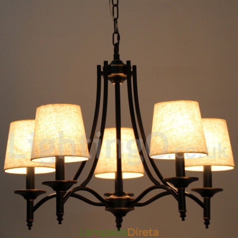 Lustre estilo vela contemporâneo preto retrô rústico de 5 luzes