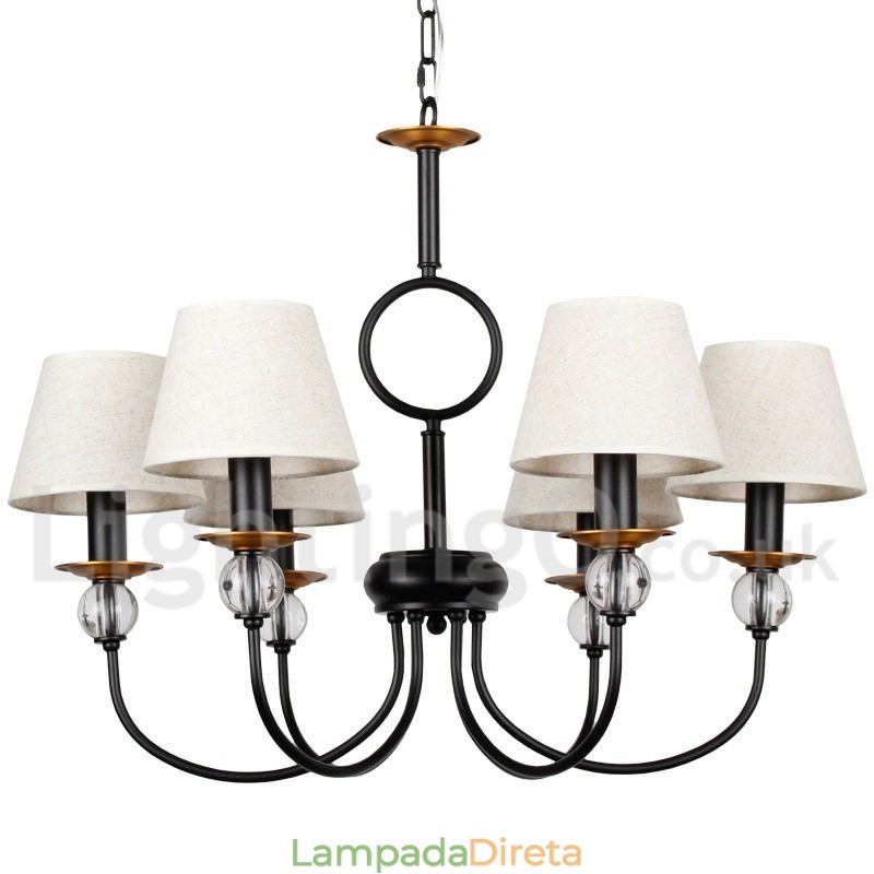 Lustre estilo vela contemporâneo estilo mediterrâneo retrô preto rústico de 6 luzes