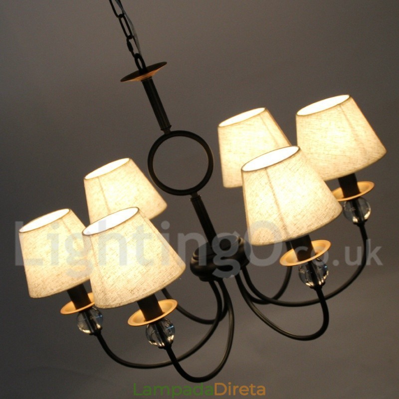 Lustre estilo vela contemporâneo estilo mediterrâneo retrô preto rústico de 6 luzes