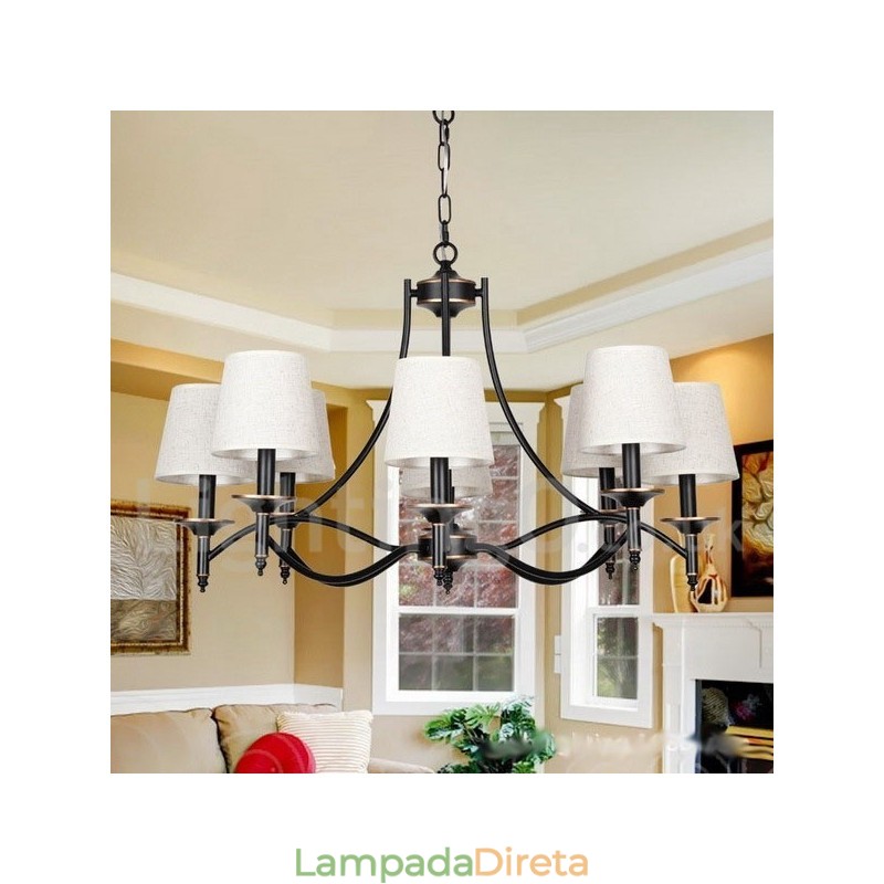 Lustre estilo vela contemporâneo retrô rústico preto de 8 luzes