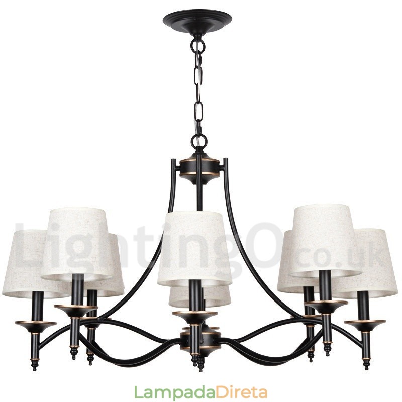 Lustre estilo vela contemporâneo retrô rústico preto de 8 luzes