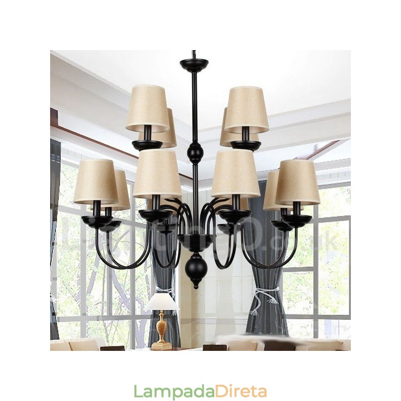 Lustre estilo vela contemporâneo retrô de 2 níveis, rústico, de 12 luzes