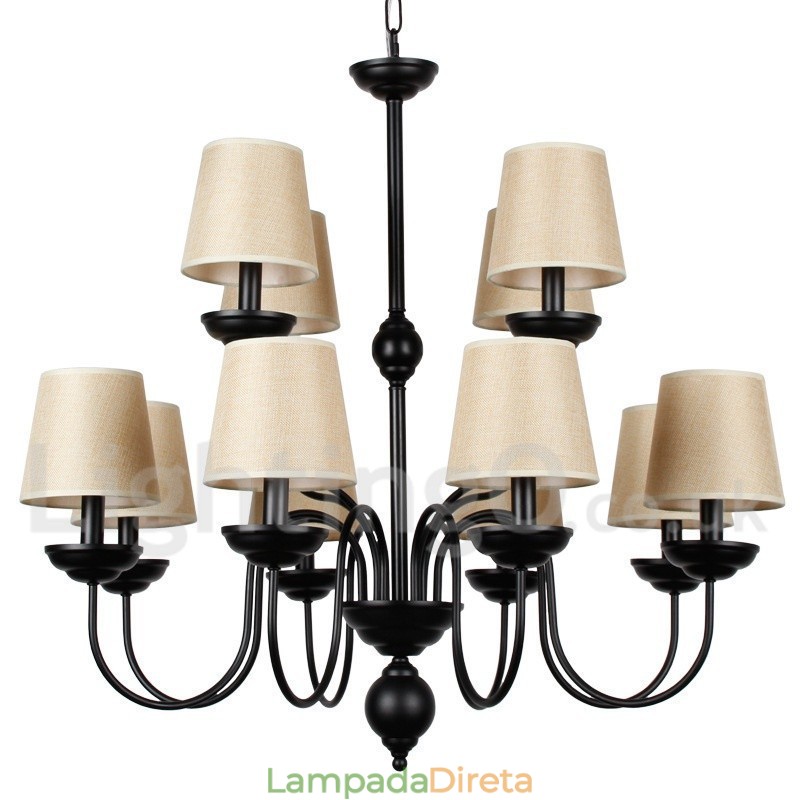 Lustre estilo vela contemporâneo retrô de 2 níveis, rústico, de 12 luzes