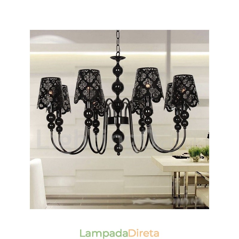 Lustre moderno contemporâneo de 8 luzes estilo vela preta vazada