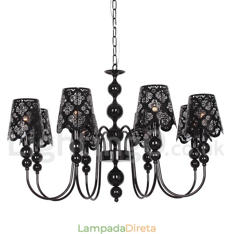 Lustre moderno contemporâneo de 8 luzes estilo vela preta vazada