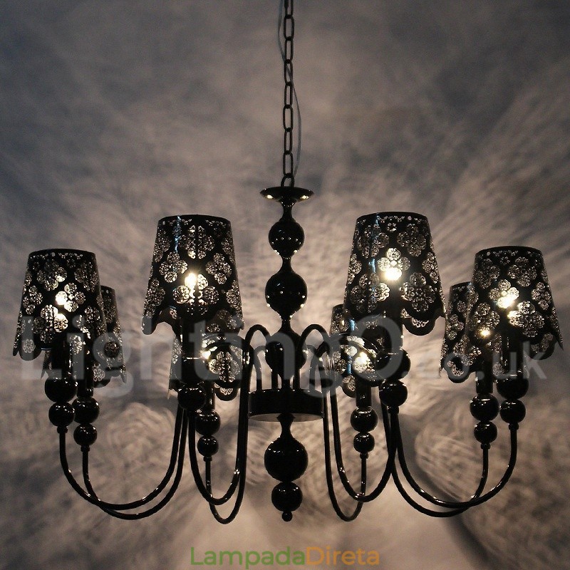 Lustre moderno contemporâneo de 8 luzes estilo vela preta vazada