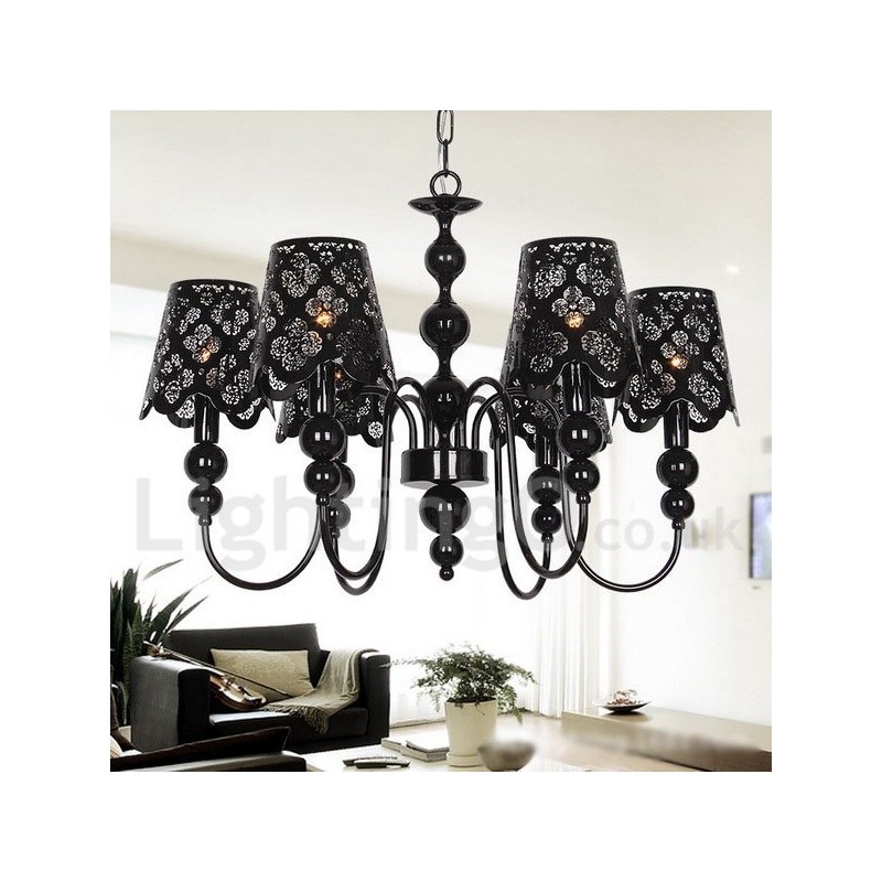 Lustre moderno contemporâneo de 6 luzes estilo vela preta vazada