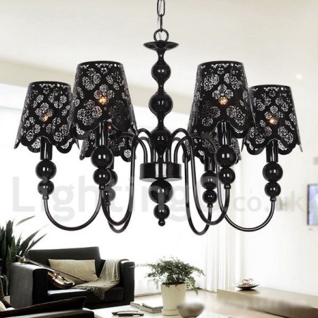 Lustre moderno contemporâneo de 6 luzes estilo vela preta vazada Lustre moderno contemporâneo de 6 luzes estilo vela preta vazada